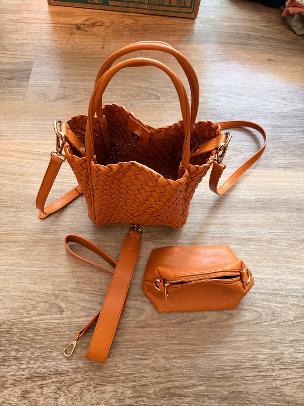 Anthropologie Woven Mini Tote in Cognac Orange - Picture 4 of 6
